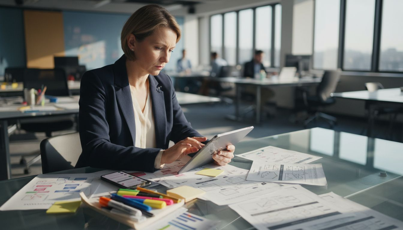 Manager reviewing UX analytics and site diagrams