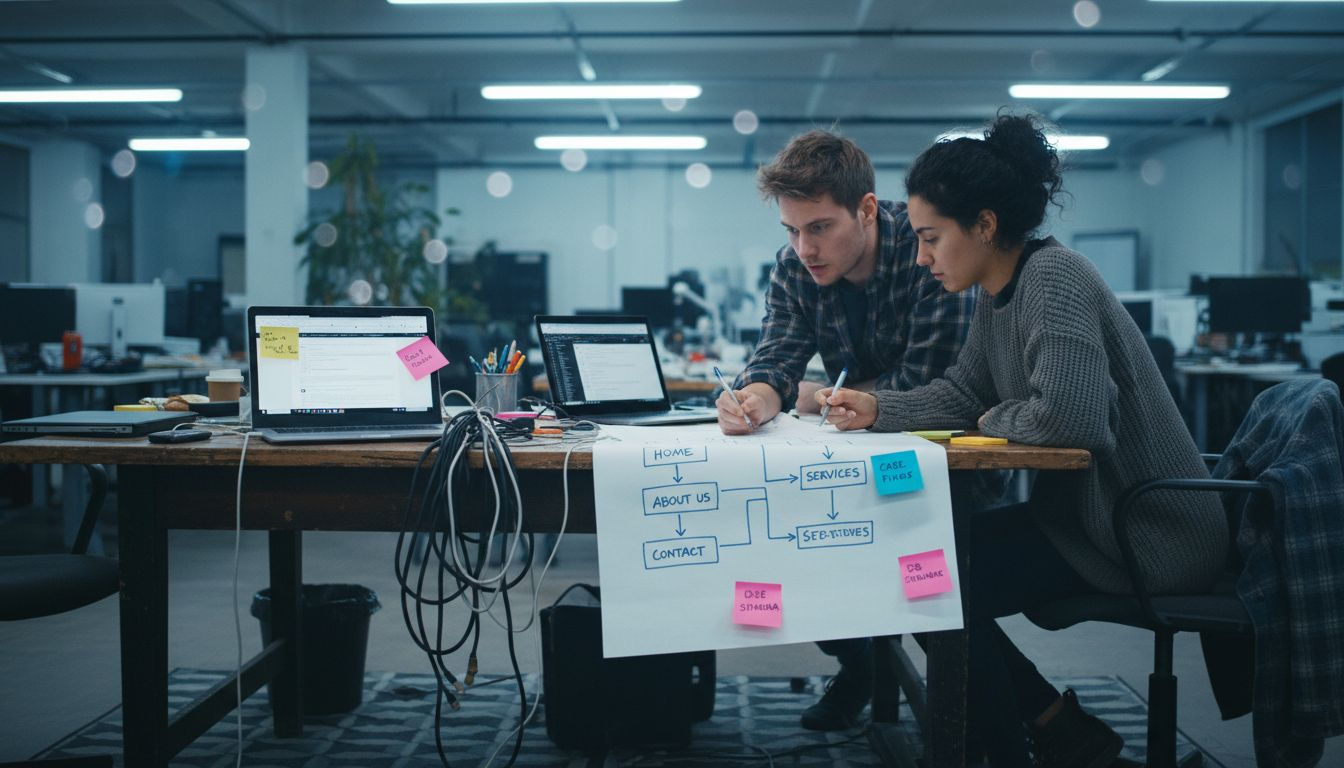 Team planning website structure with flowchart