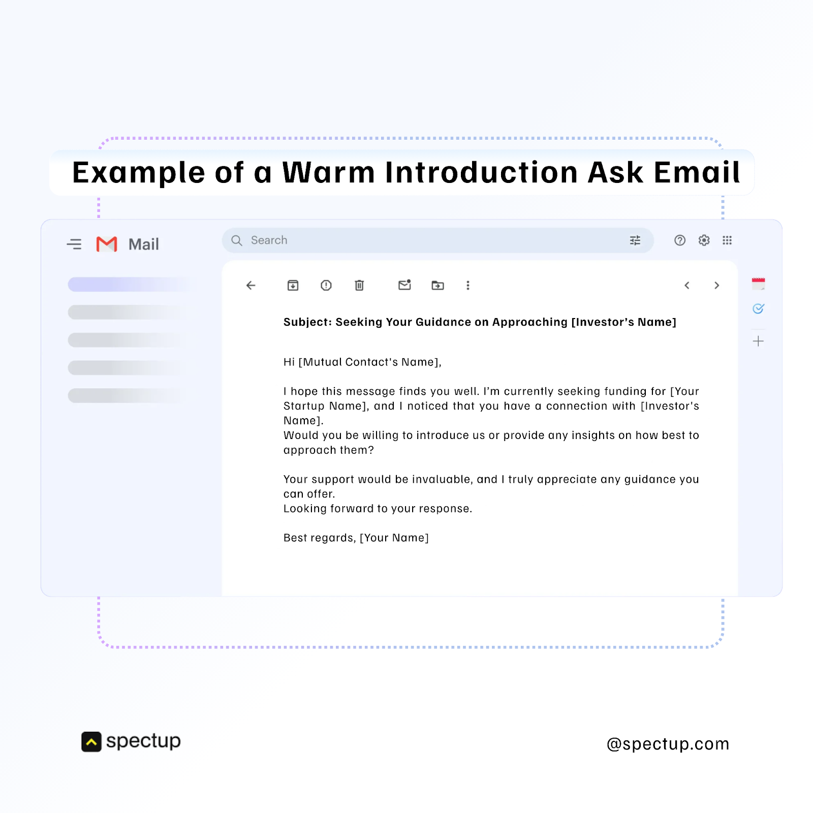 Example of a warm introduction email template for investor outreach, showing a concise, polite message to re-engage potential investors regarding a company's growth opportunity