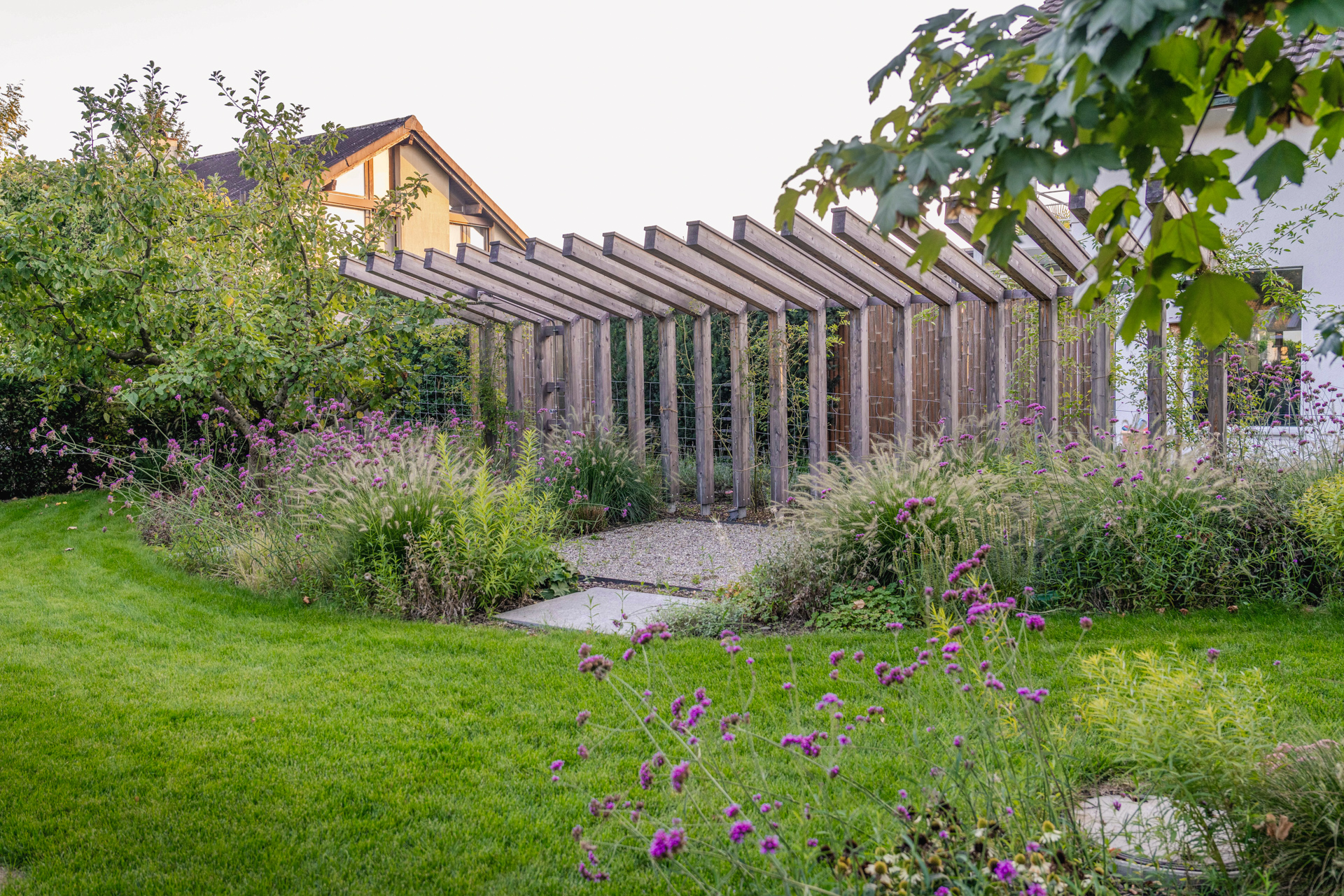 Arkade in einem Privatgarten im Thurgau umgeben von violett blühendem Eisenkraut. 