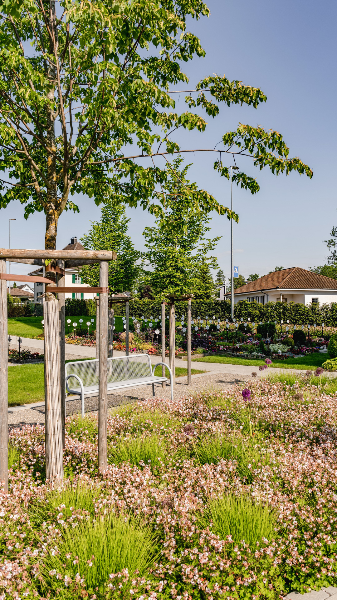Blumenwiese mit Sitzbank auf dem Friedhof Alterswilen. 