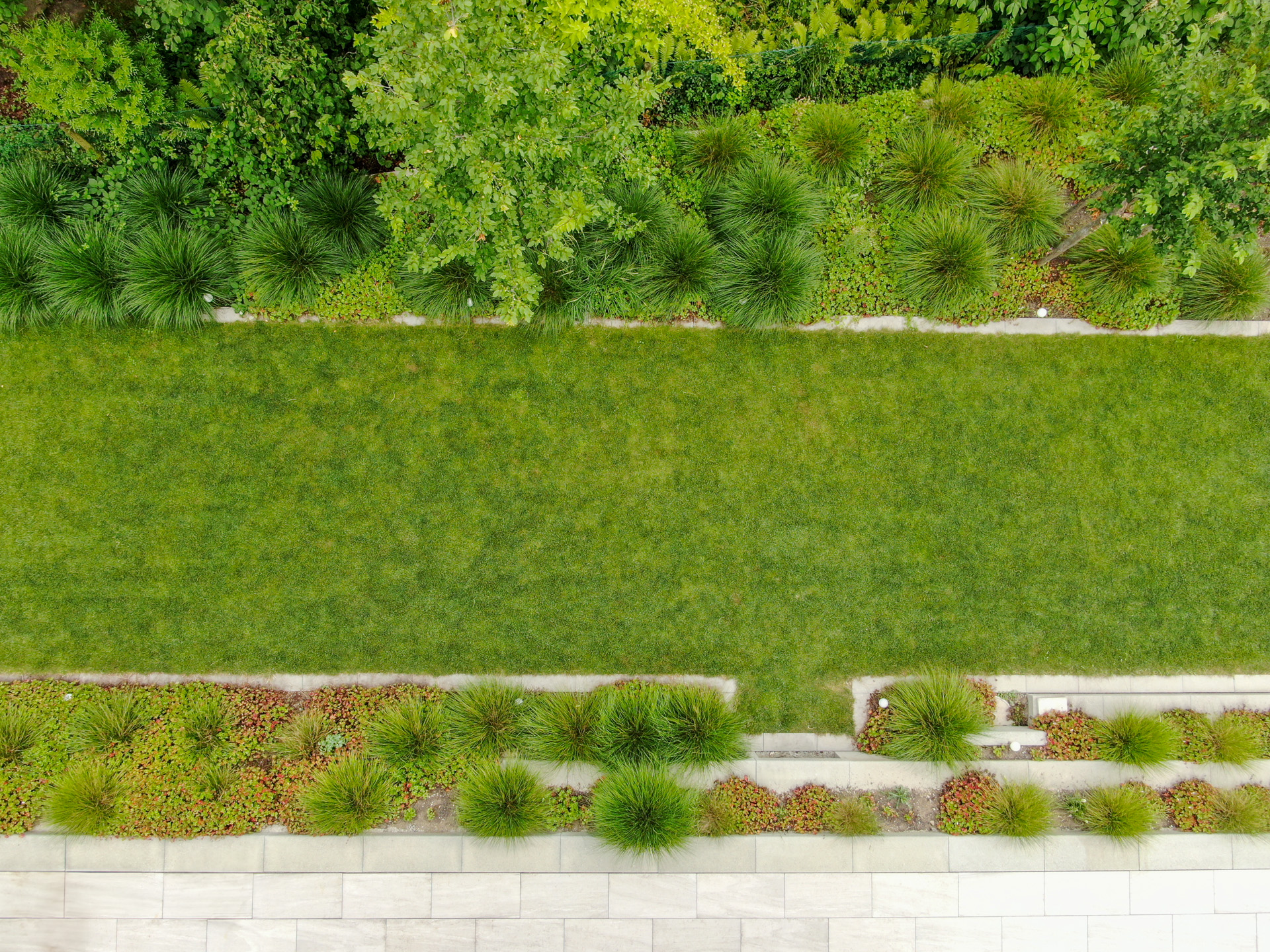 Saftig grüne Wiese mit begrüntem terrassiertem Garten. 