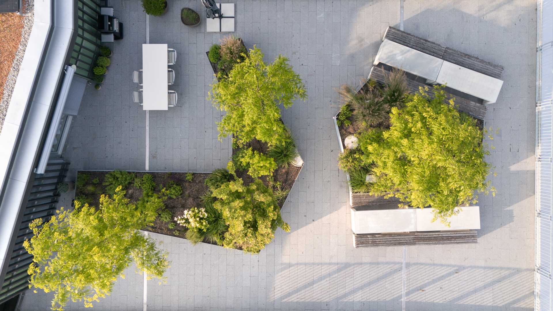 Dachterrasse in Weinfelden mit grossen Blumenbeeten, Bäumen und Sitzgelegenheiten. 