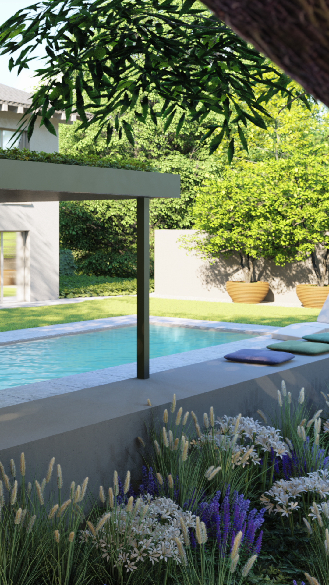 Visualisierung eines Gartens mit Pool und Überdachung mit schönen violetten Staude und einer Sitzmauer aus Beton. 