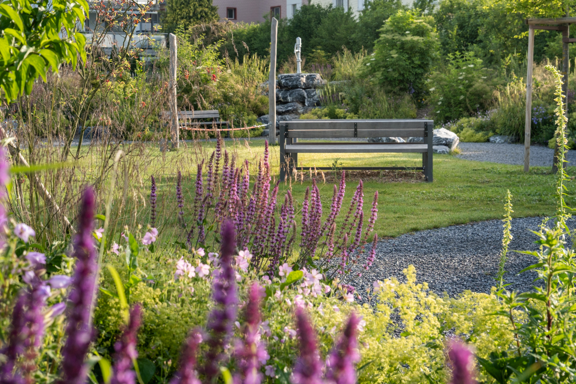 Parkbank im Mittelpunkt darum herum geschwungene Kieswege und violett blühende Blumenbeete.
