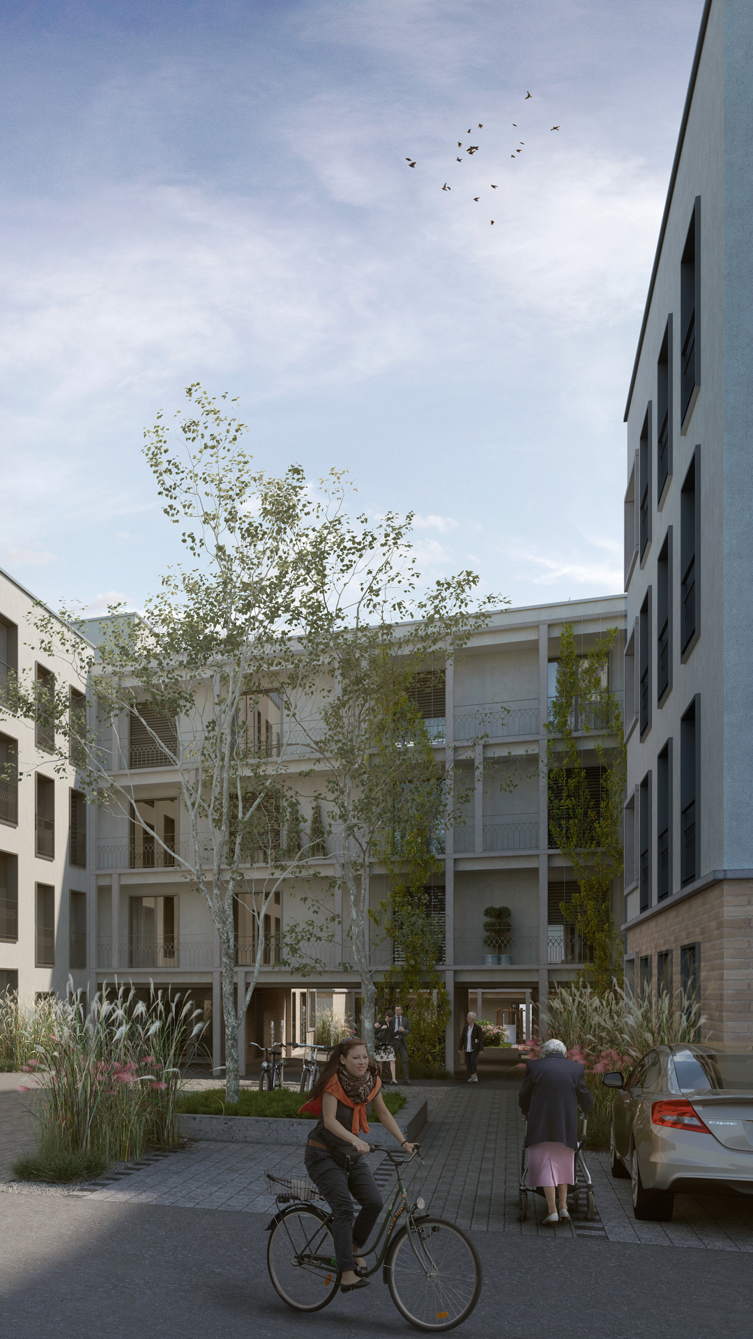Peron auf Fahrrad im Vordergrund, Wohnblock im Hinterrgund und in der Mitte ein grosser Baum.