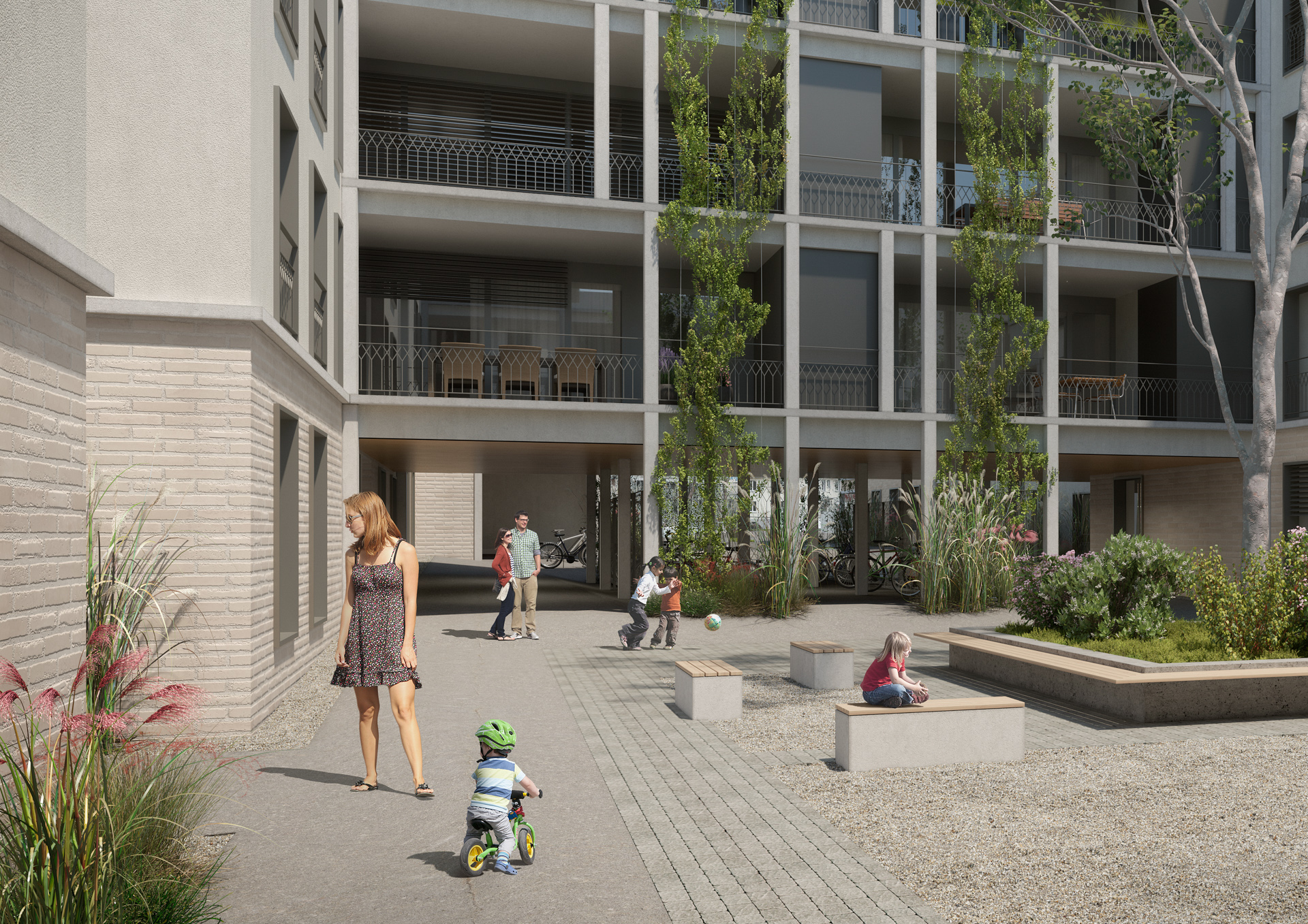 Visualisierung eines Innenhofes mit Kindern und Menschen im Hintergrund Wohnungen.