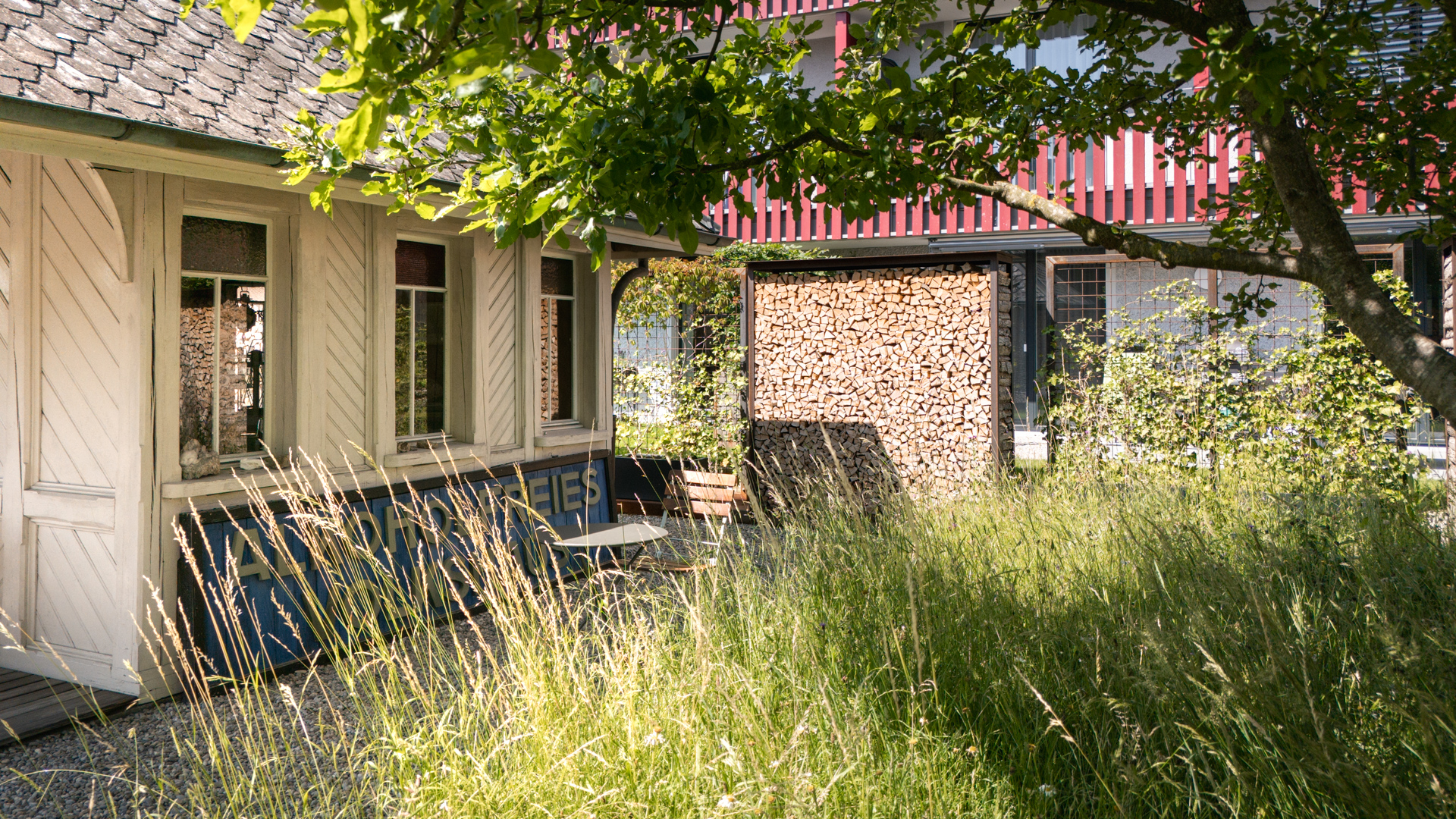 Kleines, weisses Gartenhäuschen mit hohen Gräsern und BlumenWiese inkl. einem alten Baum.