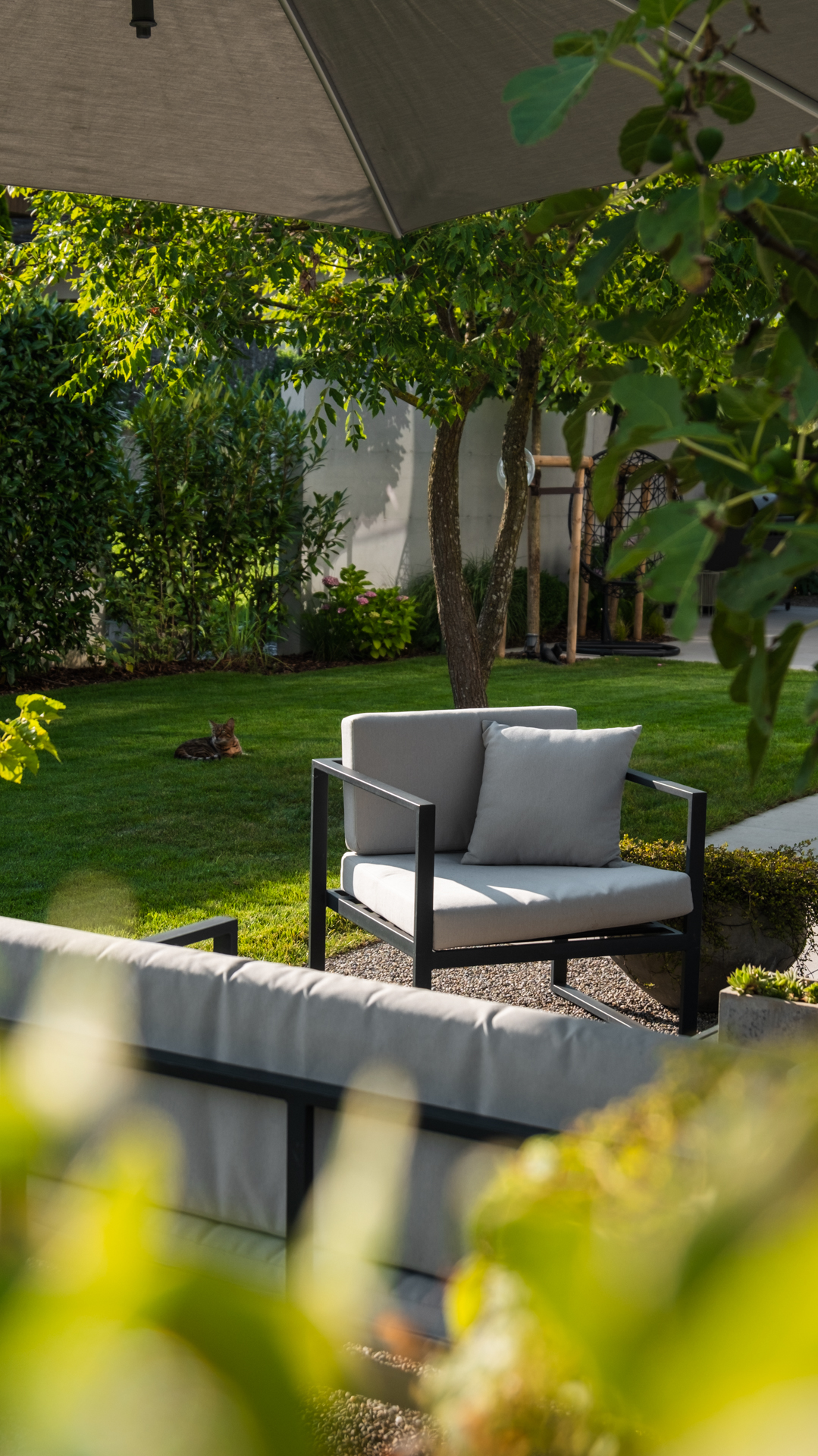 Garten mit gemütlichem Sessel grosser Wiese in welcher eine Katze liegt. 