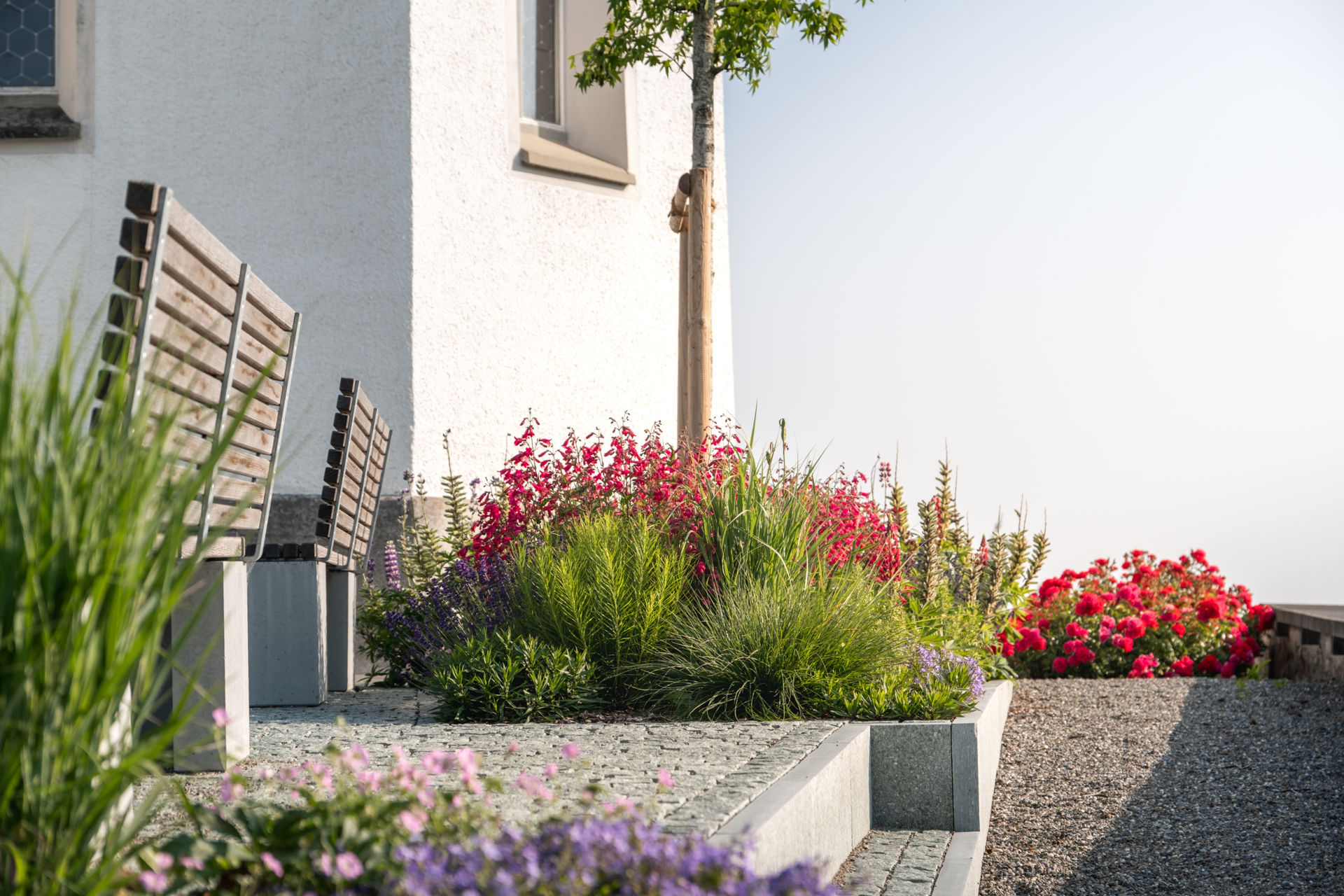 Kiesgehweg auf einem Friedhof mit vielen farbigen Blumenbeeten. 