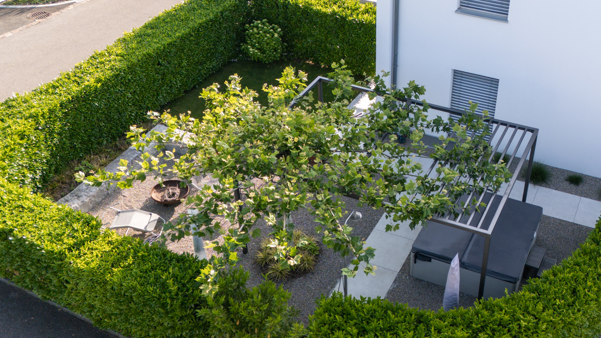 Whirlpool hinter blickdichter Sichtschutzhecke in privatem Garten mit Plattane als Schattengeberin. 