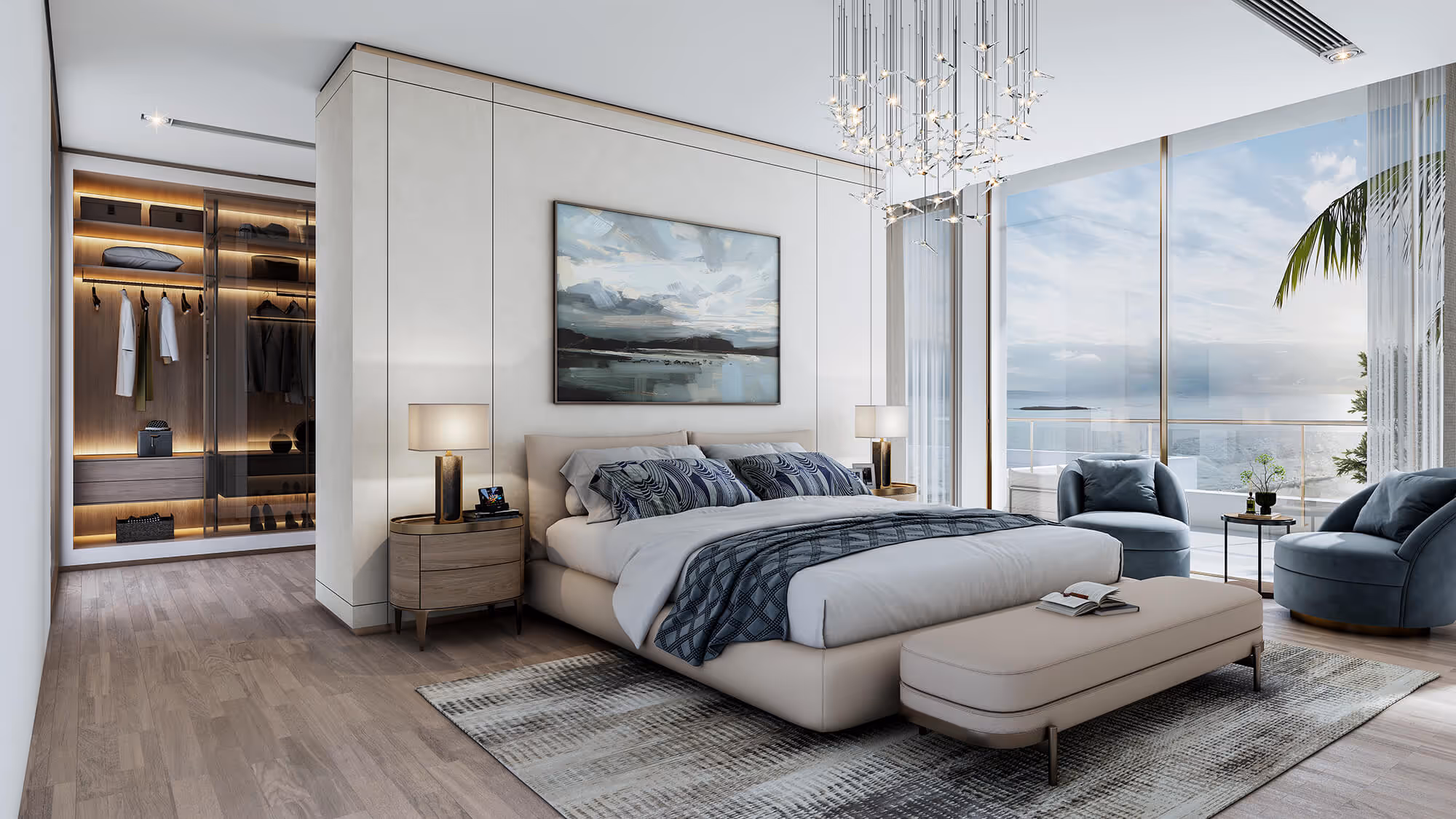Elegant master bedroom in a Sobha Siniya Island villa, featuring floor-to-ceiling windows, sea view, and walk-in wardrobe with premium finishes