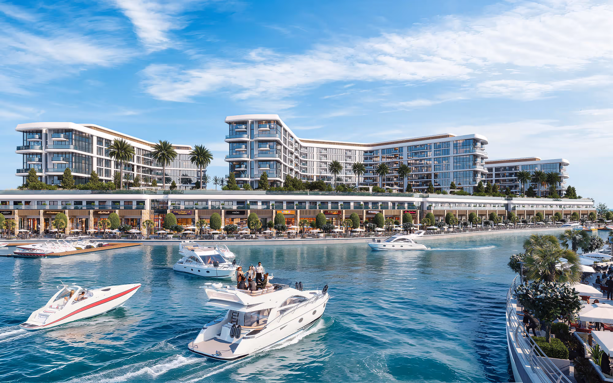  Luxury waterfront apartments at Sobha Marina Residences near Dubai, featuring modern architecture, retail promenade, and private yacht marina