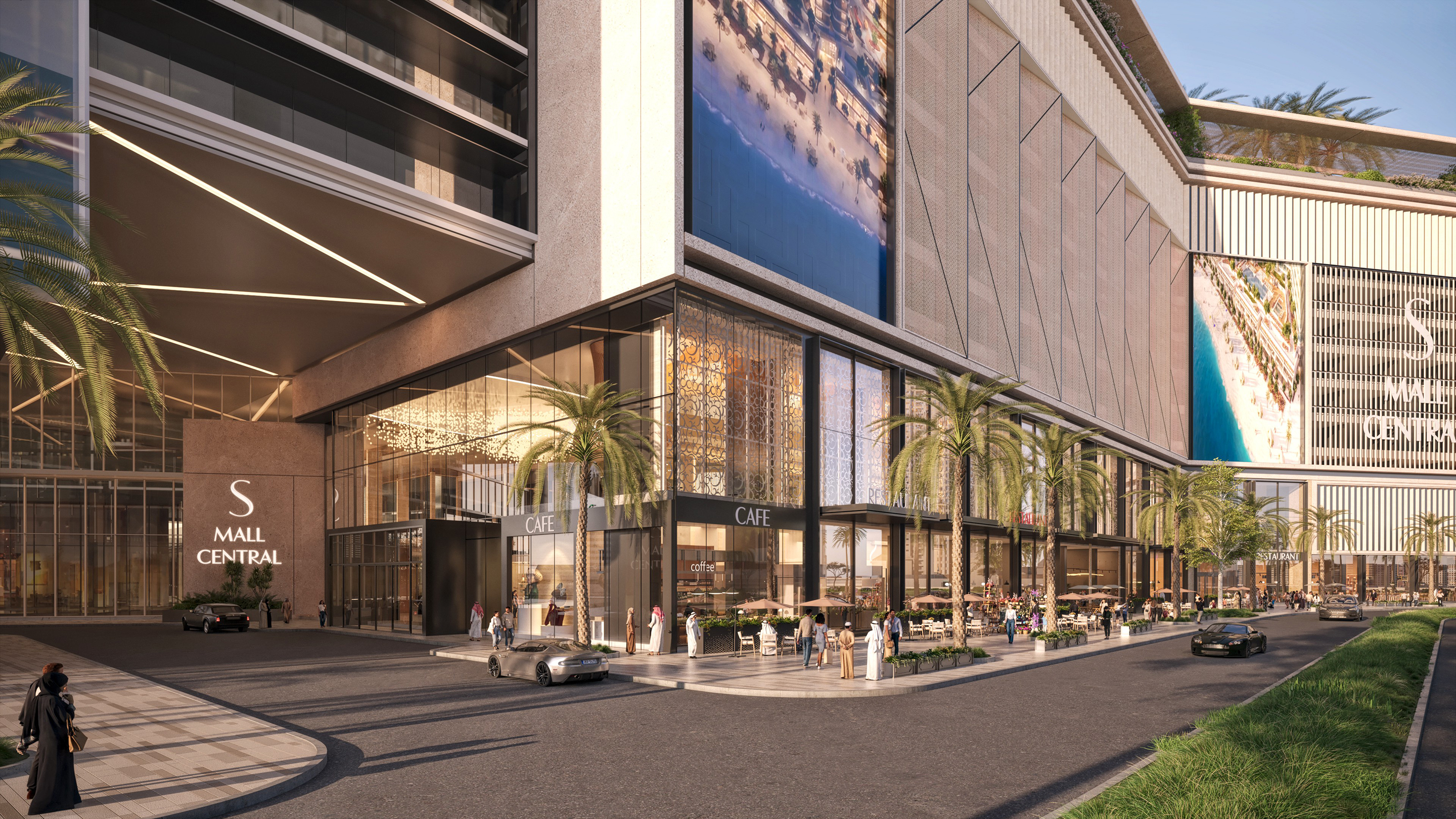 Sobha Central Mall exterior with modern architecture, cafés, restaurants, palm-lined streets, and lifestyle retail spaces in Dubai.