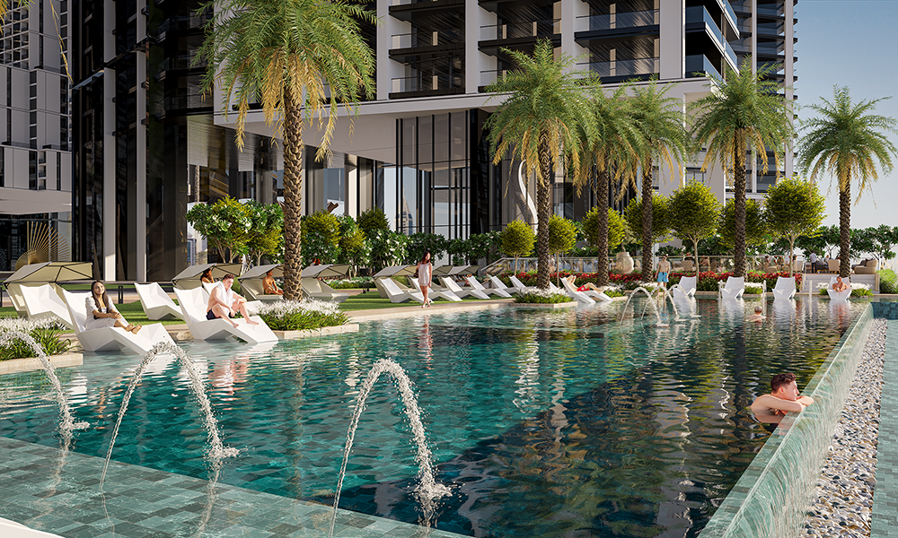 Resort-style swimming pool at Sobha Central with sun loungers, water fountains, palm trees, and residents enjoying leisure time.