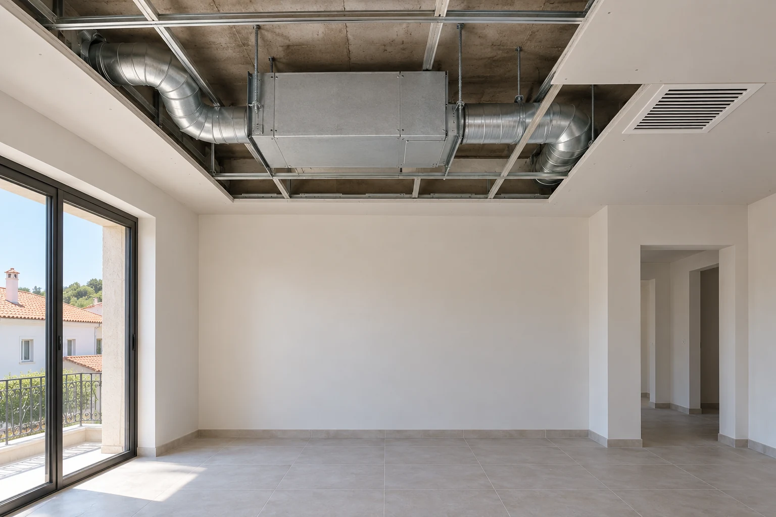 Ventilation unit and metal ducts visible in a partly open ceiling beside an installed grille.