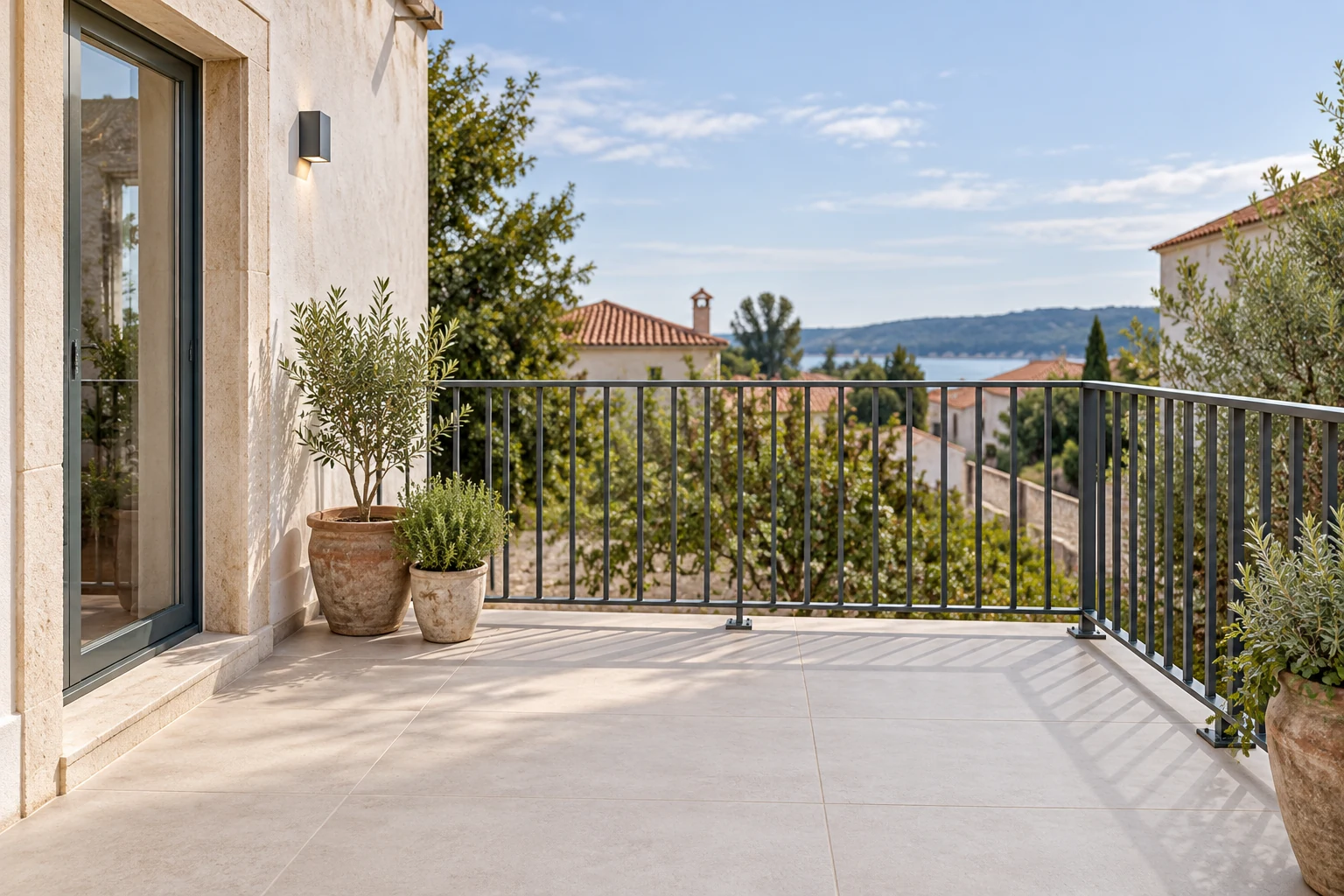 Metal railing on a terrace with pale paving, a wall junction and a glazed door.