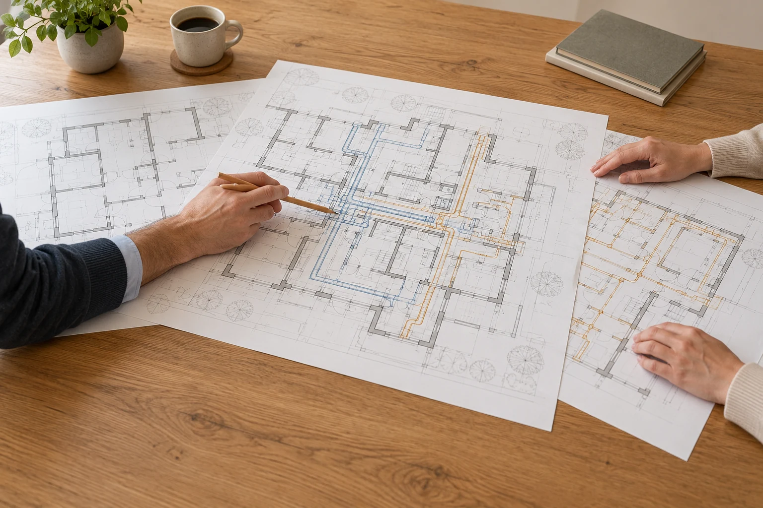 Mãos comparam desenhos conceptuais de um edifício com traçados de diferentes especialidades sobre uma mesa.
