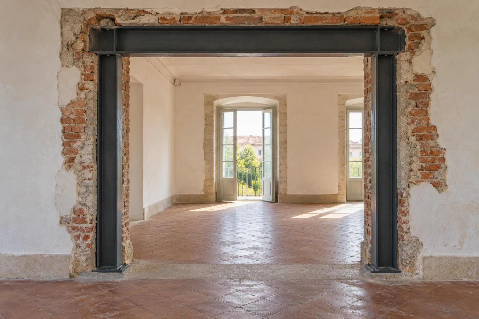 Dark steel portal frame reinforcing an opening in an existing wall, with exposed brick edges and old plaster.