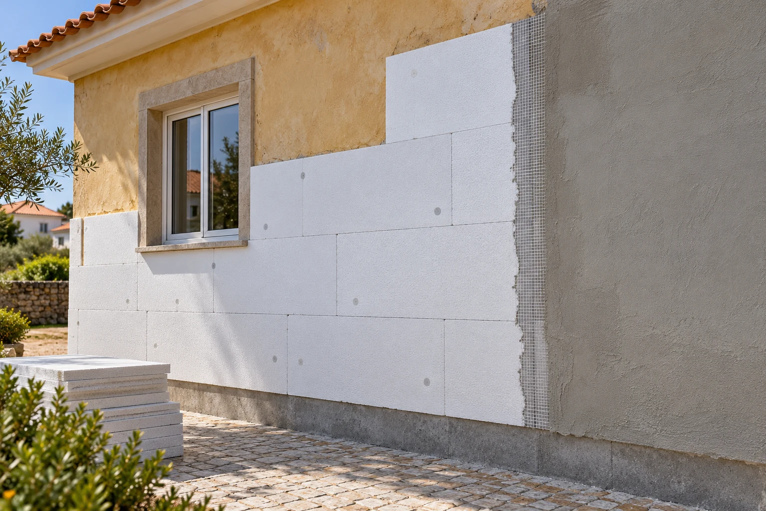 Facade during external insulation installation, with pale boards, reinforcing mesh and a partially rendered section.