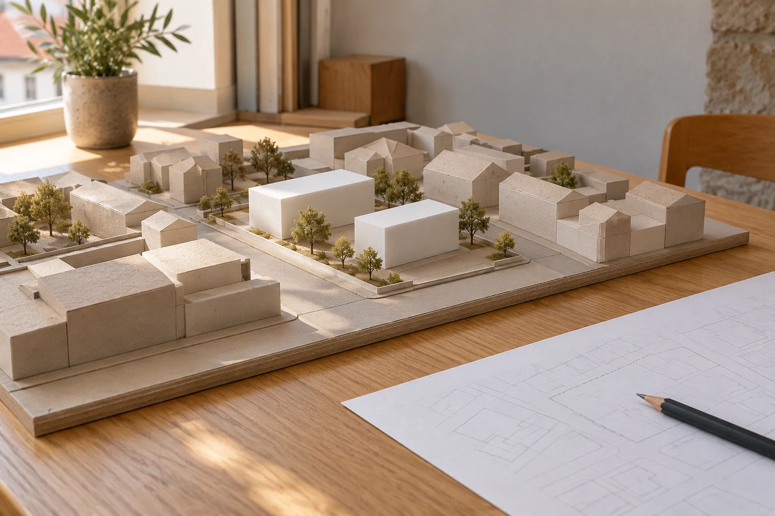 Neighbourhood model with two white blocks for a site-layout and massing study.