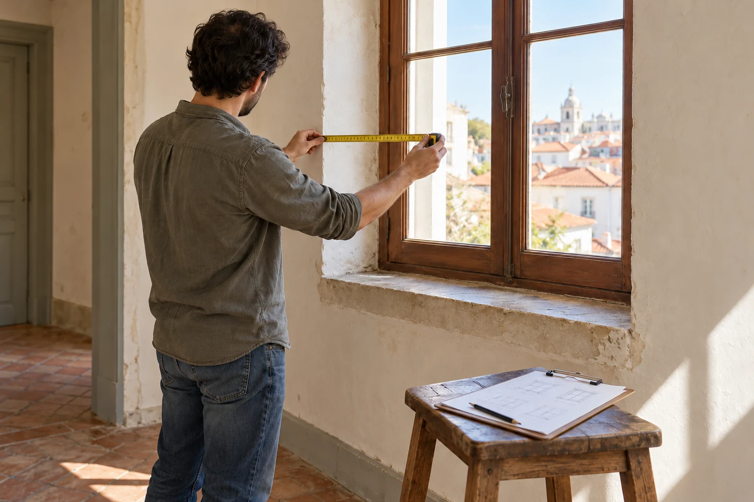 Pessoa mede a profundidade de um vão de janela num interior existente, com desenhos numa prancheta próxima.