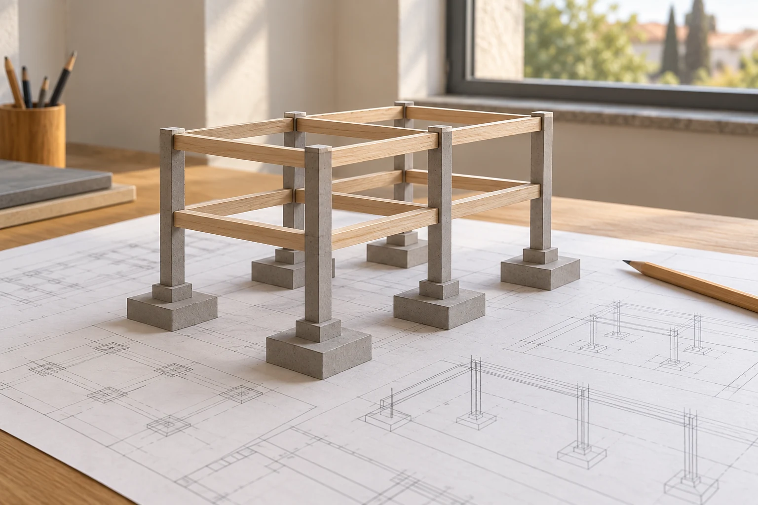 Maquete conceptual de pilares e vigas sobre blocos de fundação, acompanhada por desenhos numa mesa.