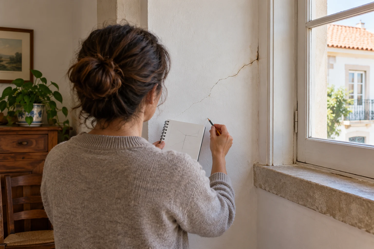 Observation of a crack beside a window, with notes recorded in a notebook.