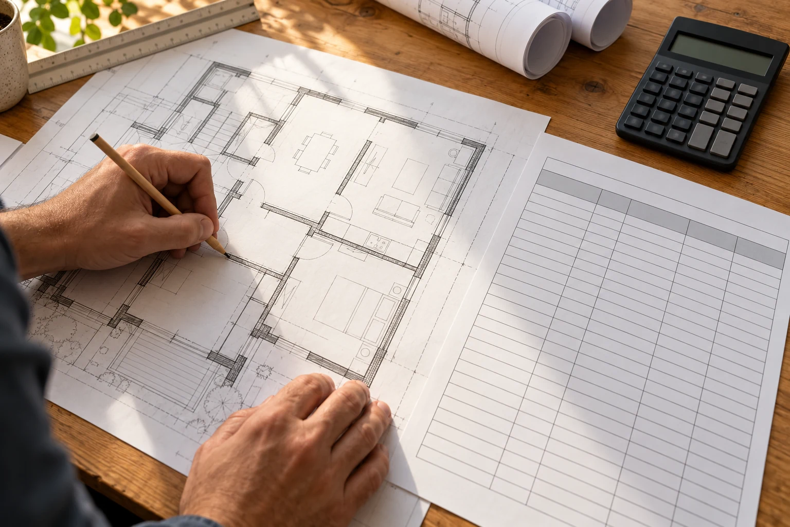 Hands over an architectural plan beside a quantity table without values and a calculator.