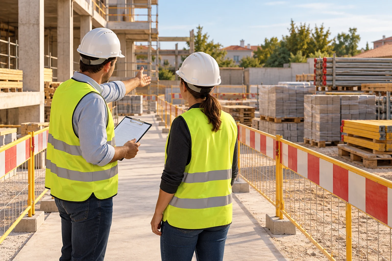 Two people wearing hard hats and high-visibility vests observe a route separated by barriers on a construction site.