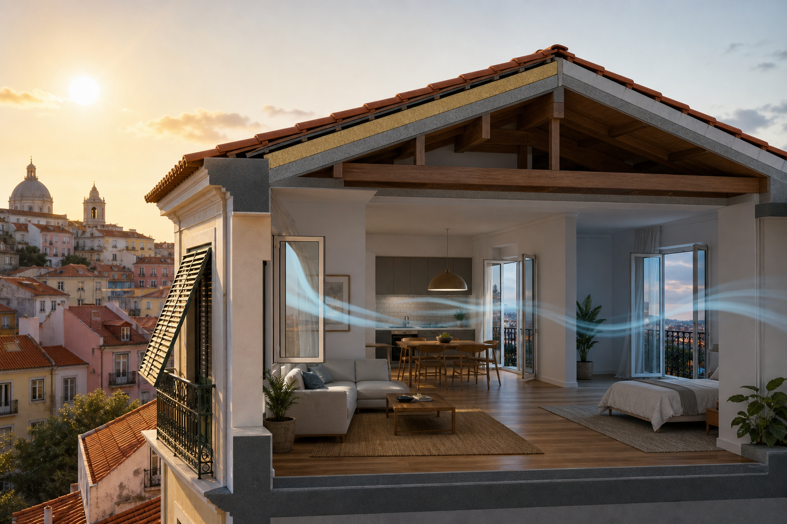 Ilustração de apartamento em Lisboa com sombreamento, isolamento e ventilação cruzada