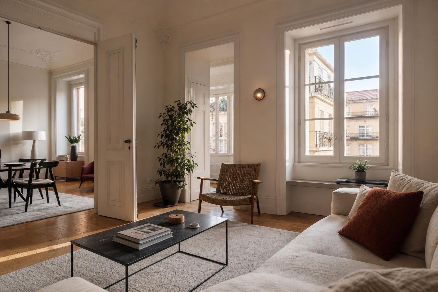 Sala de apartamento remodelado em Lisboa com ventilação discreta e luz natural