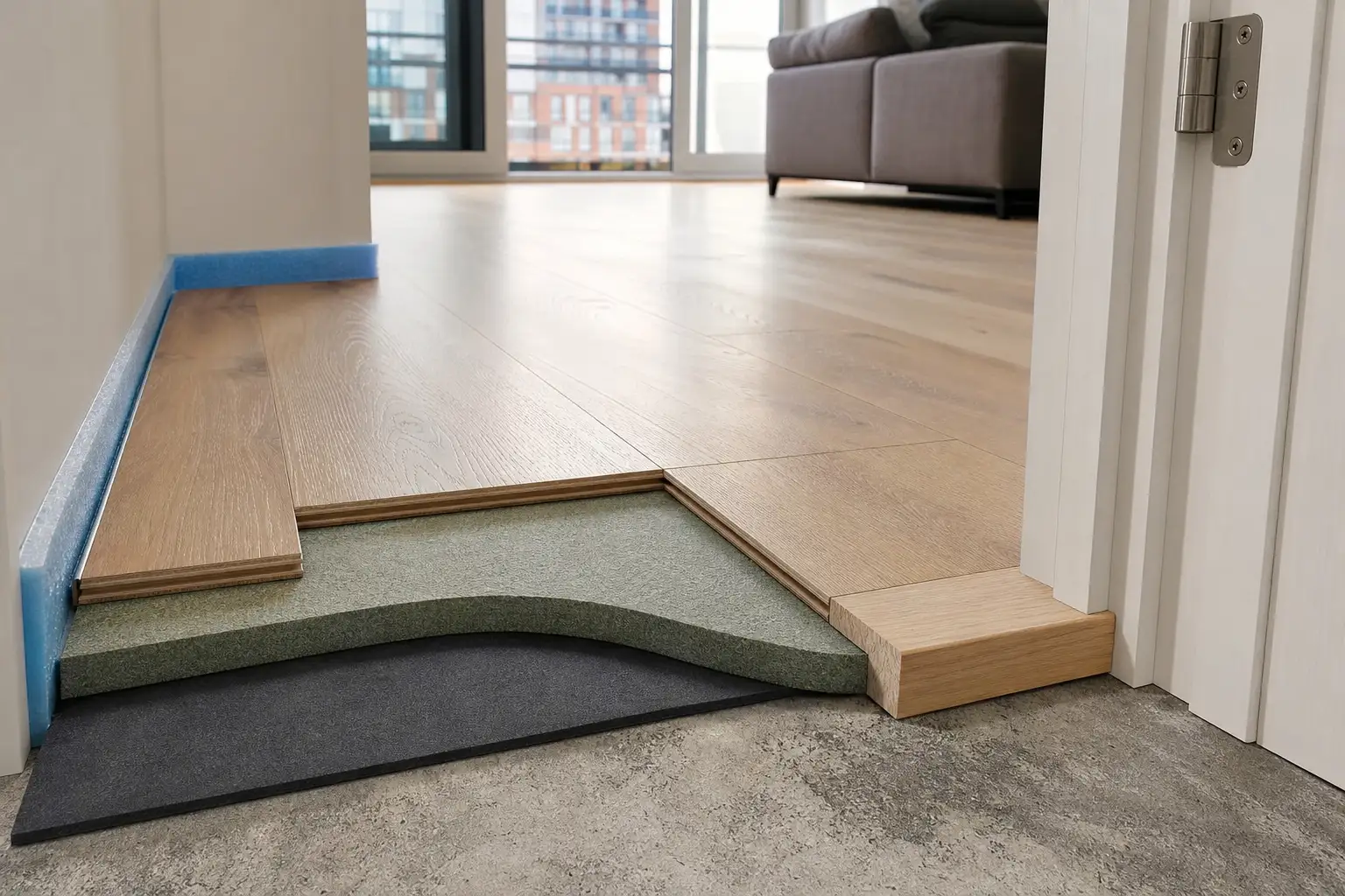 Pormenor construtivo de pavimento flutuante com manta acústica e faixa de isolamento perimetral.