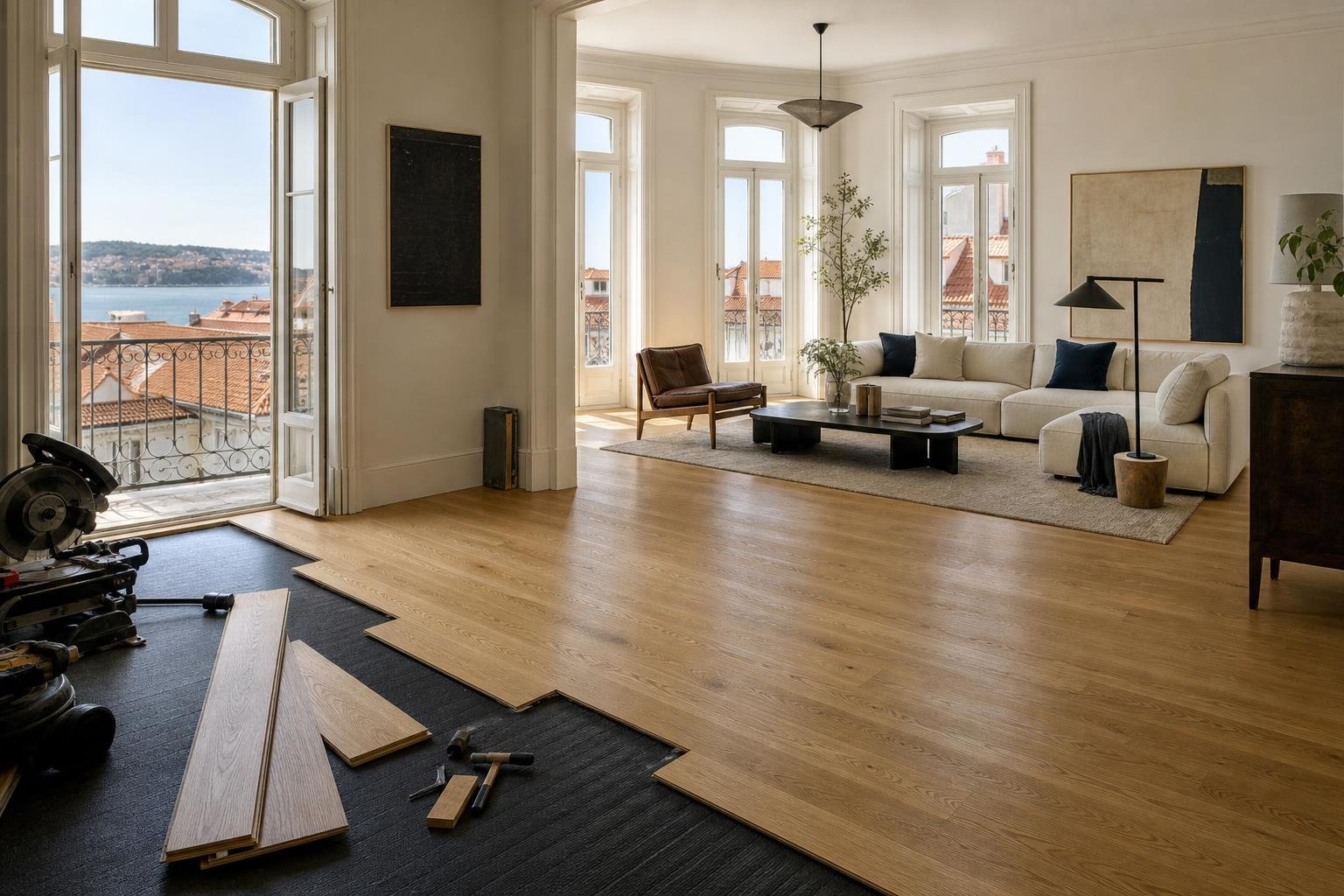Sala de apartamento renovado com pavimento de madeira e solução de isolamento acústico em instalação.