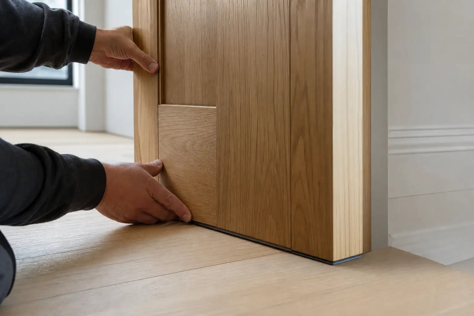 Pormenor de vedação inferior e alinhamento de uma porta interior durante uma remodelação residencial.