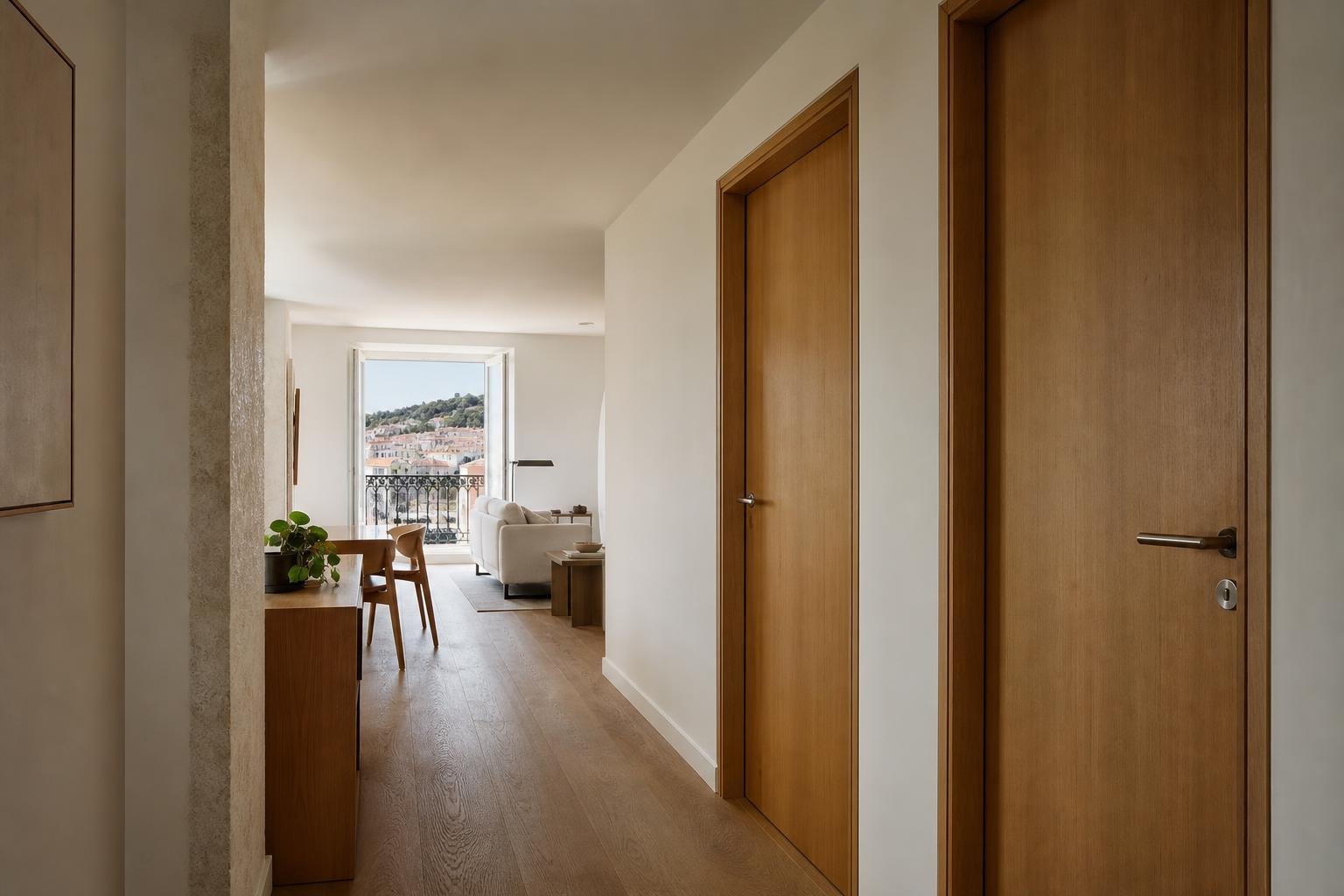 Corredor de apartamento contemporâneo com portas interiores de madeira e acabamento cuidado para maior privacidade acústica.