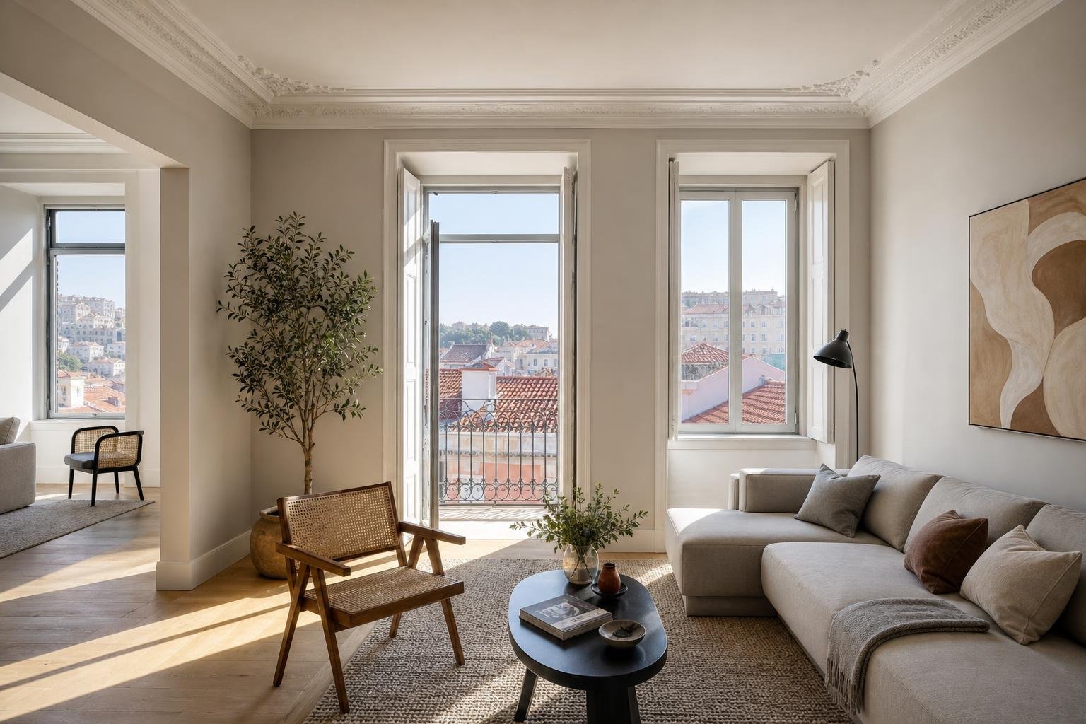 Sala de apartamento remodelado em Lisboa com janelas modernas e luz natural