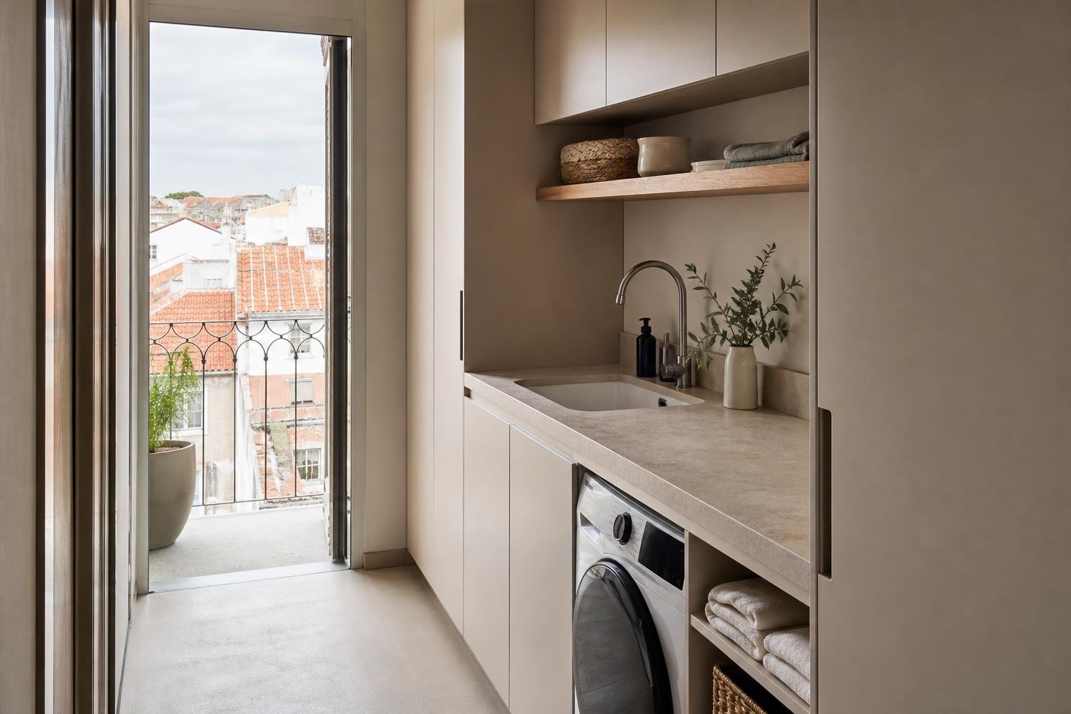 Lavandaria compacta e organizada num apartamento, com máquina de lavar, arrumação embutida e luz natural.