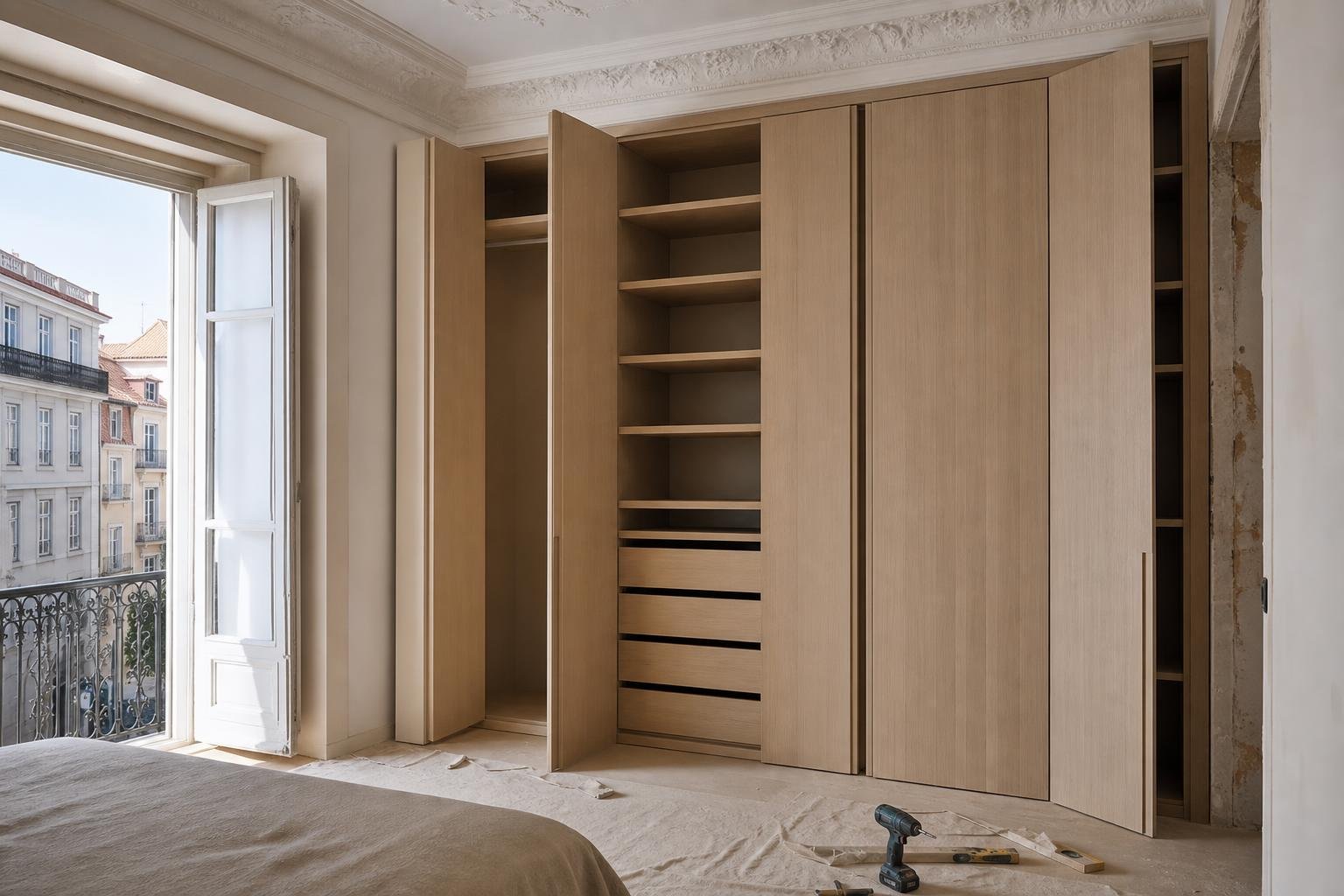Armário embutido de madeira clara a ser instalado num quarto de apartamento em remodelação.