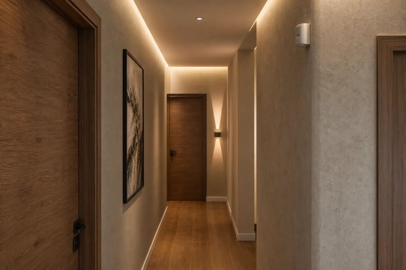 Pormenor de iluminação funcional num corredor residencial remodelado com luz suave nas paredes