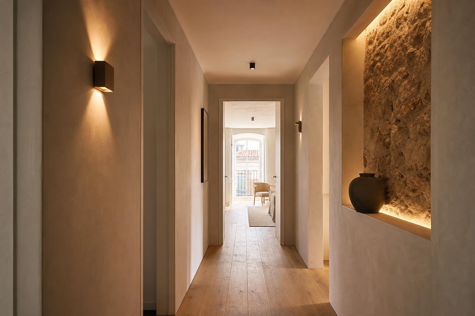 Corredor interior de apartamento em Lisboa com iluminação indireta quente e portas de madeira