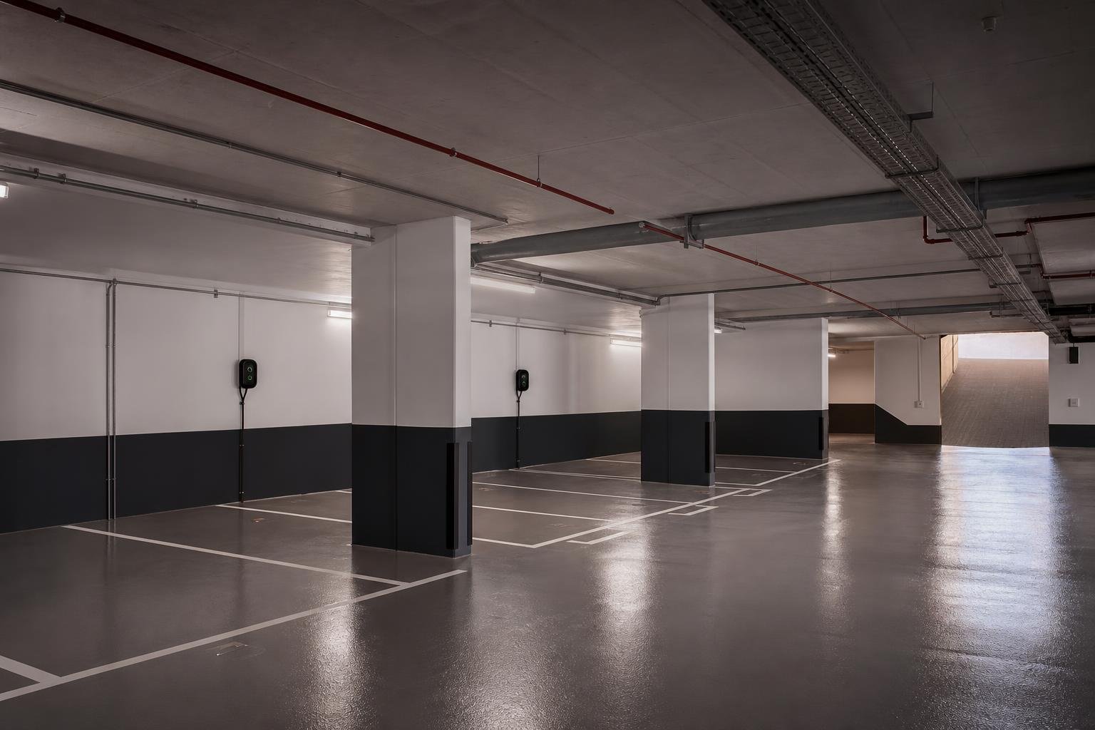 Garagem residencial de condomínio preparada para carregamento de veículos elétricos.