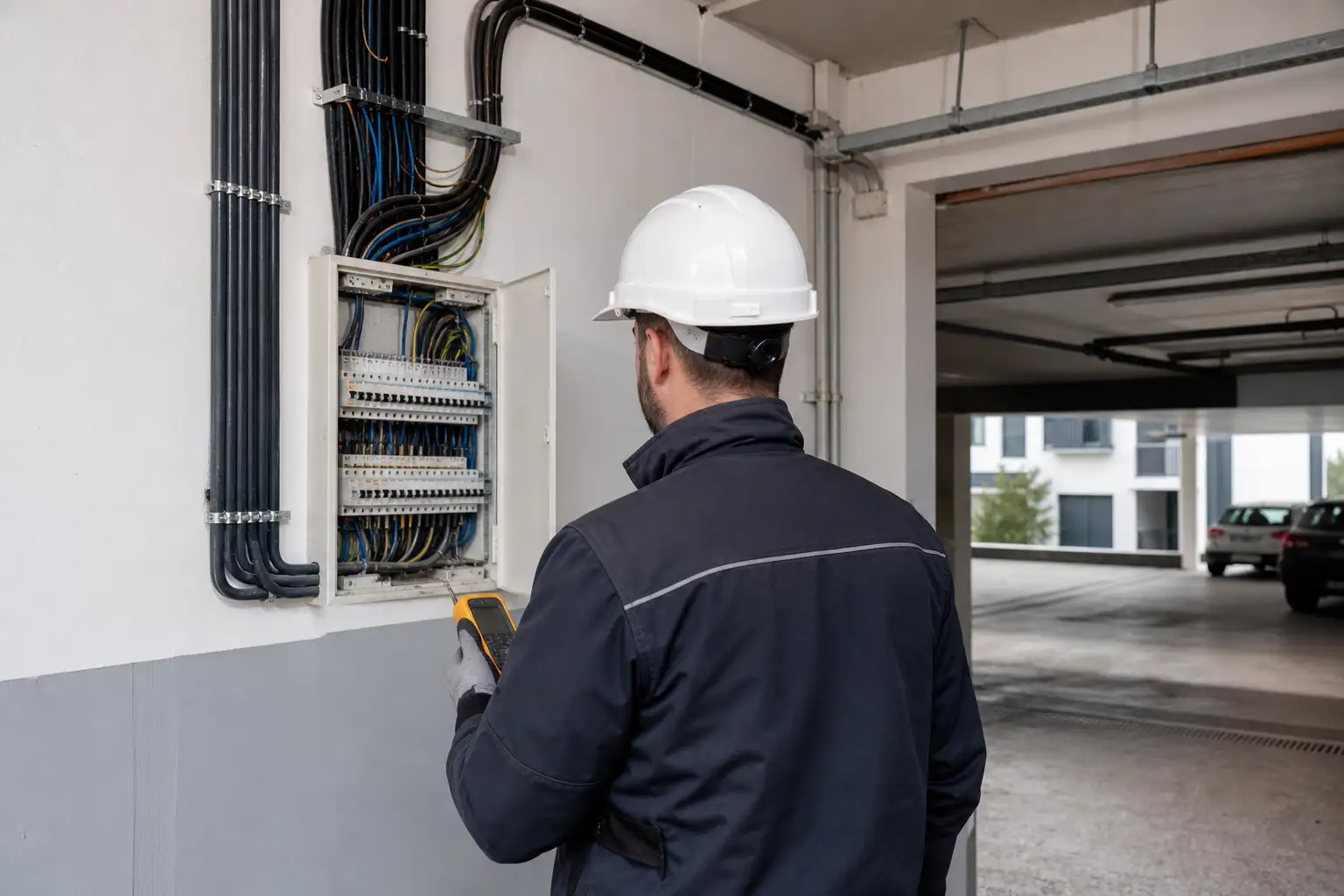 Técnico a avaliar o quadro elétrico e os percursos de cabos numa garagem residencial.