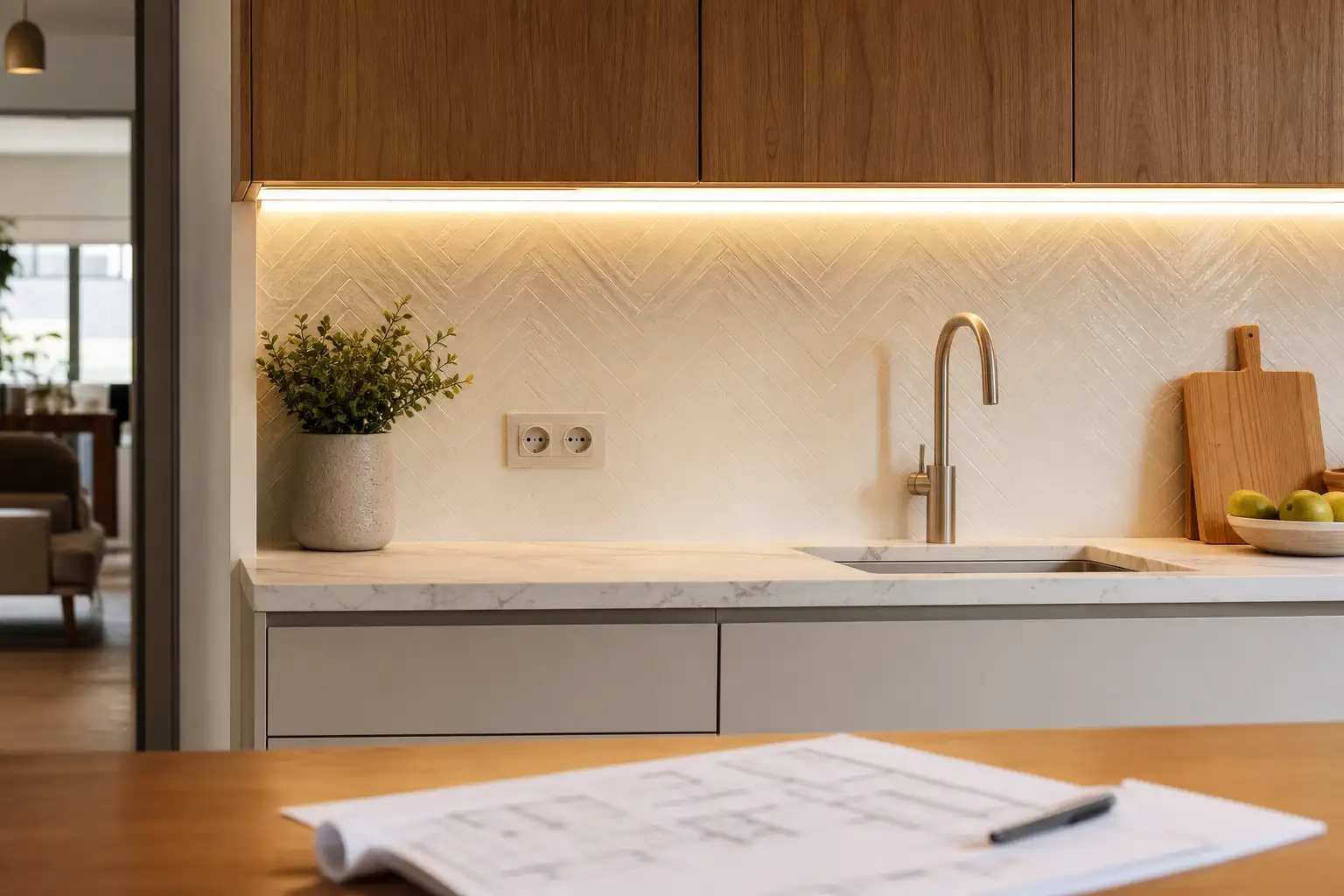 Cozinha remodelada com tomadas discretas e iluminação funcional sob os armários.