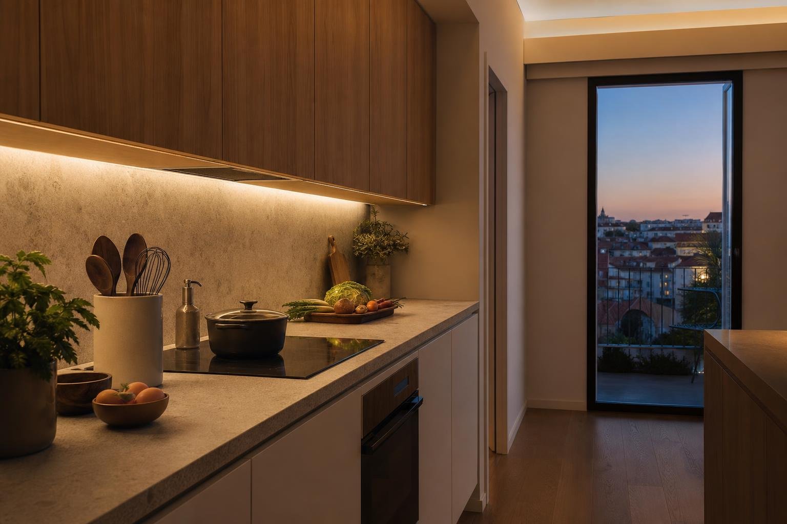 Cozinha contemporânea com iluminação LED sob os armários a iluminar uniformemente a bancada.