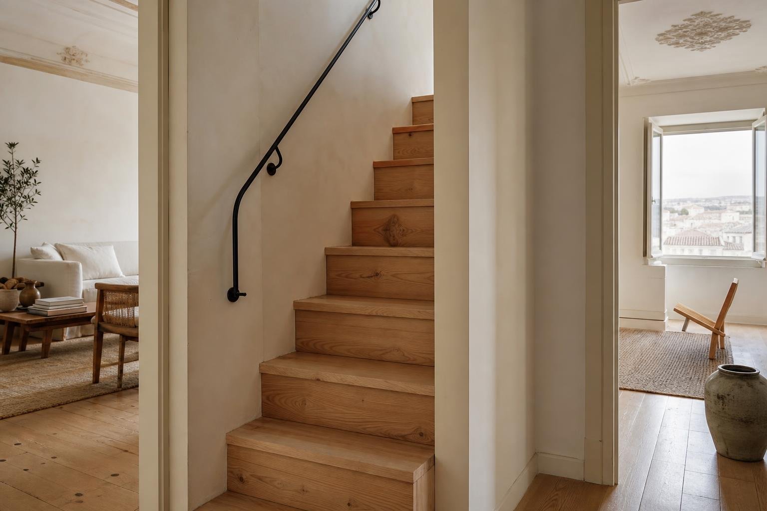 Escada interior de madeira numa casa de Lisboa remodelada, com corrimão escuro e luz natural.