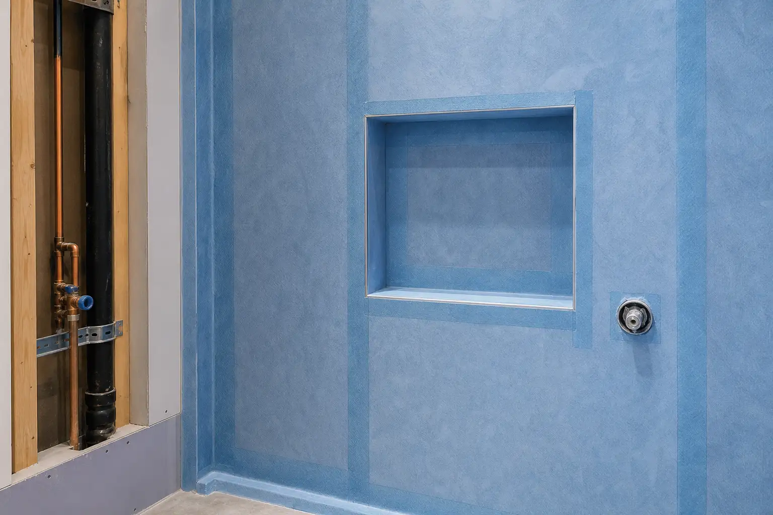 Pormenor de obra de um nicho de casa de banho em preparação, com impermeabilização antes do revestimento.