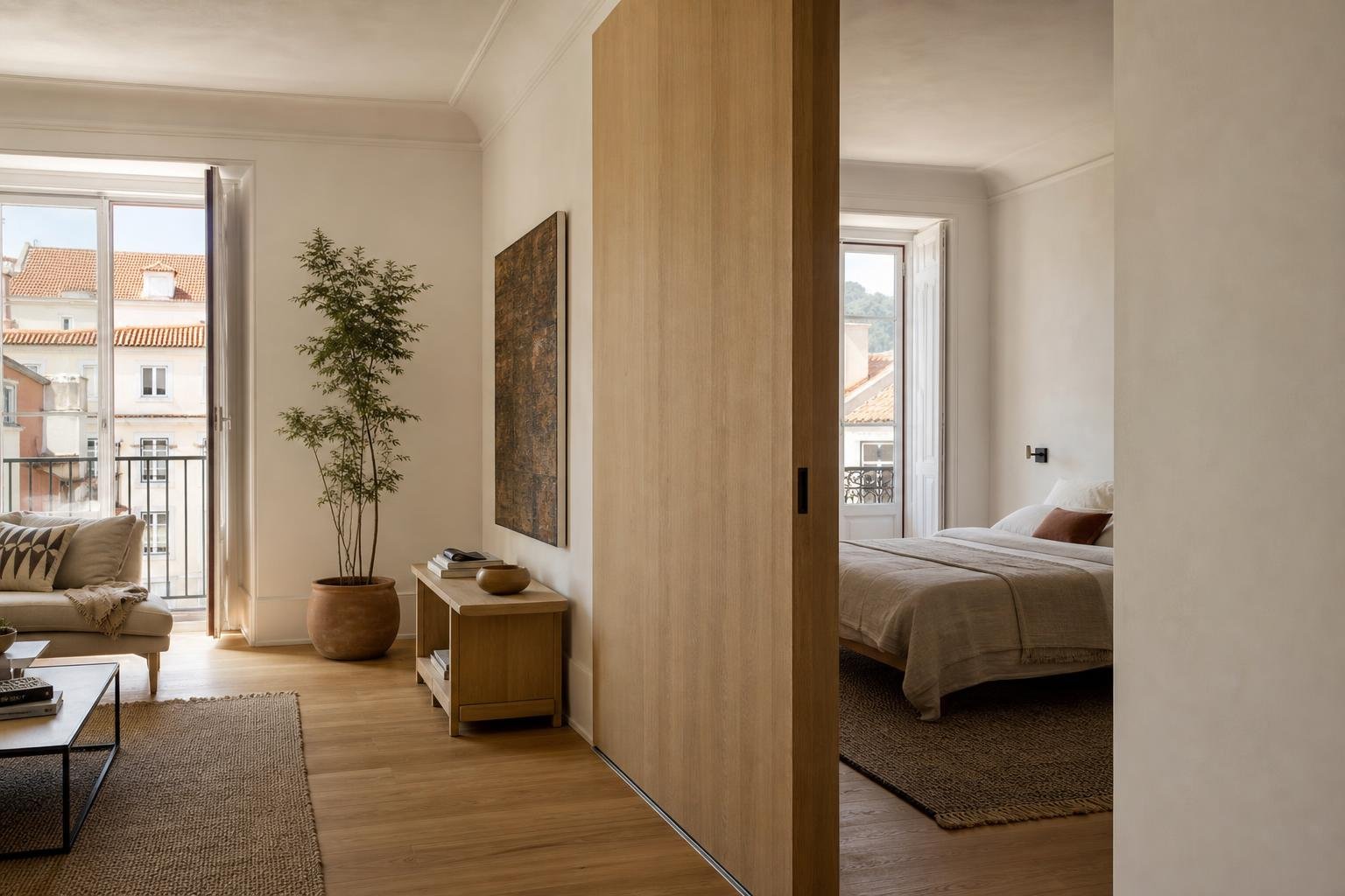 Porta de correr em madeira entre uma sala luminosa e um quarto num apartamento remodelado.