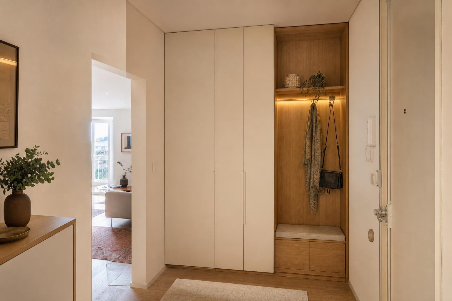 Roupeiro embutido numa entrada luminosa de apartamento em Lisboa, com banco e portas em madeira clara