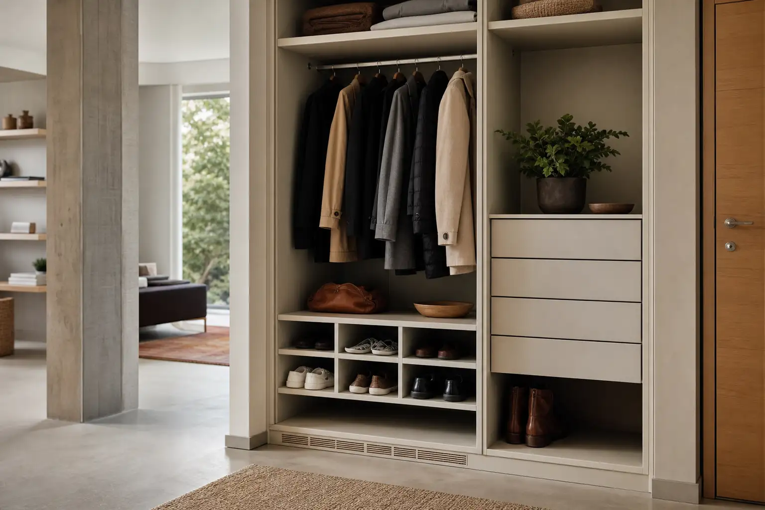 Interior organizado de roupeiro de entrada com casacos, sapatos, gavetas e ventilação discreta